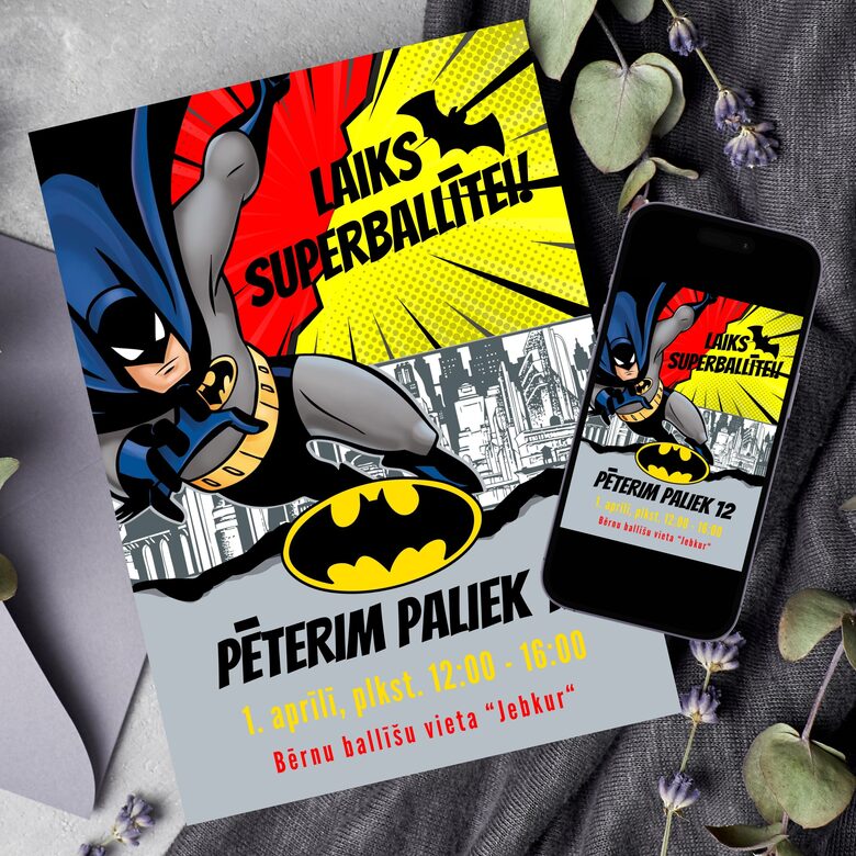 Betmena dzimšanas dienas ballītes digitāls ielūgums bērniem